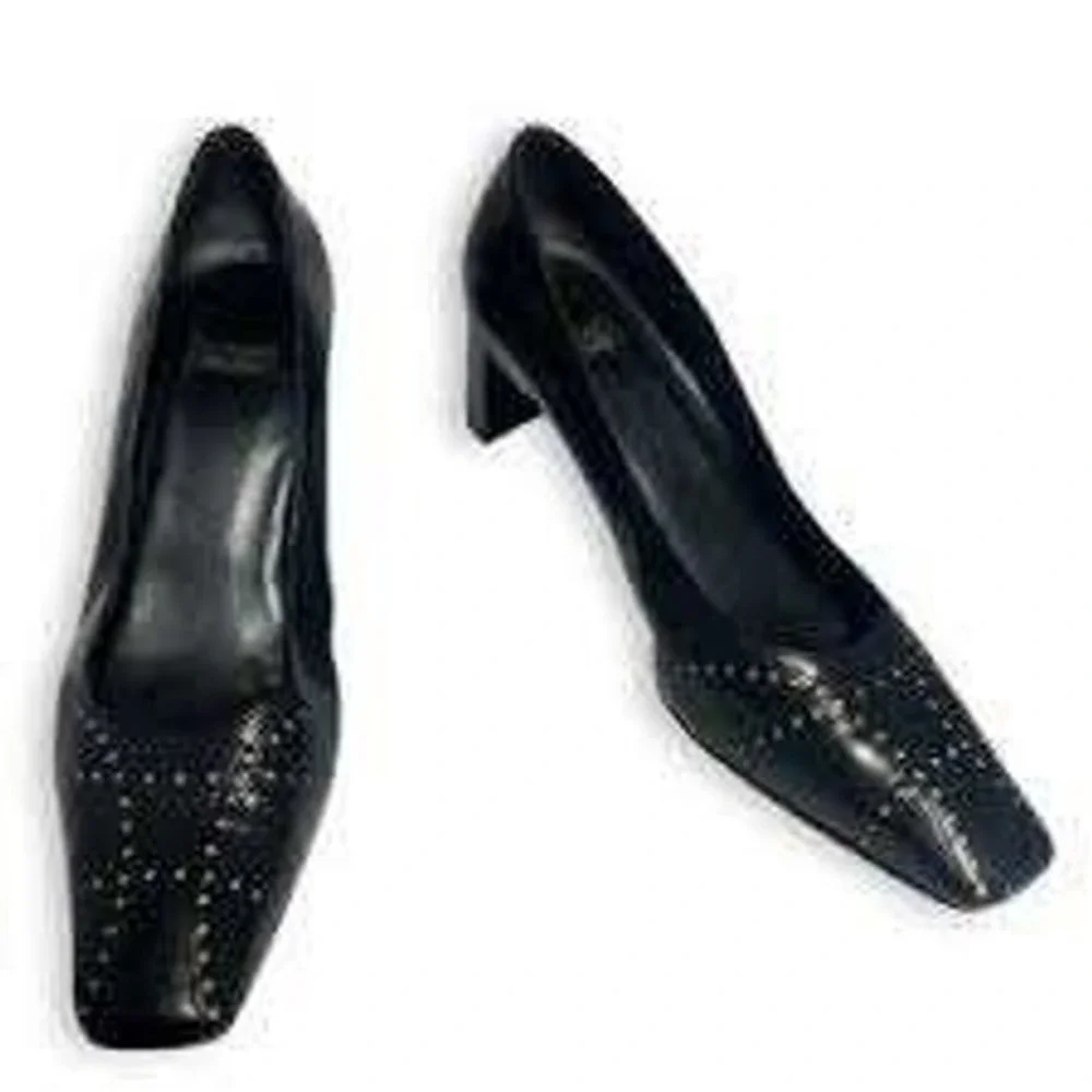 Stuart Weitzman Black Leather Studded Square Toe Block Heel Pumps Spain 10 B